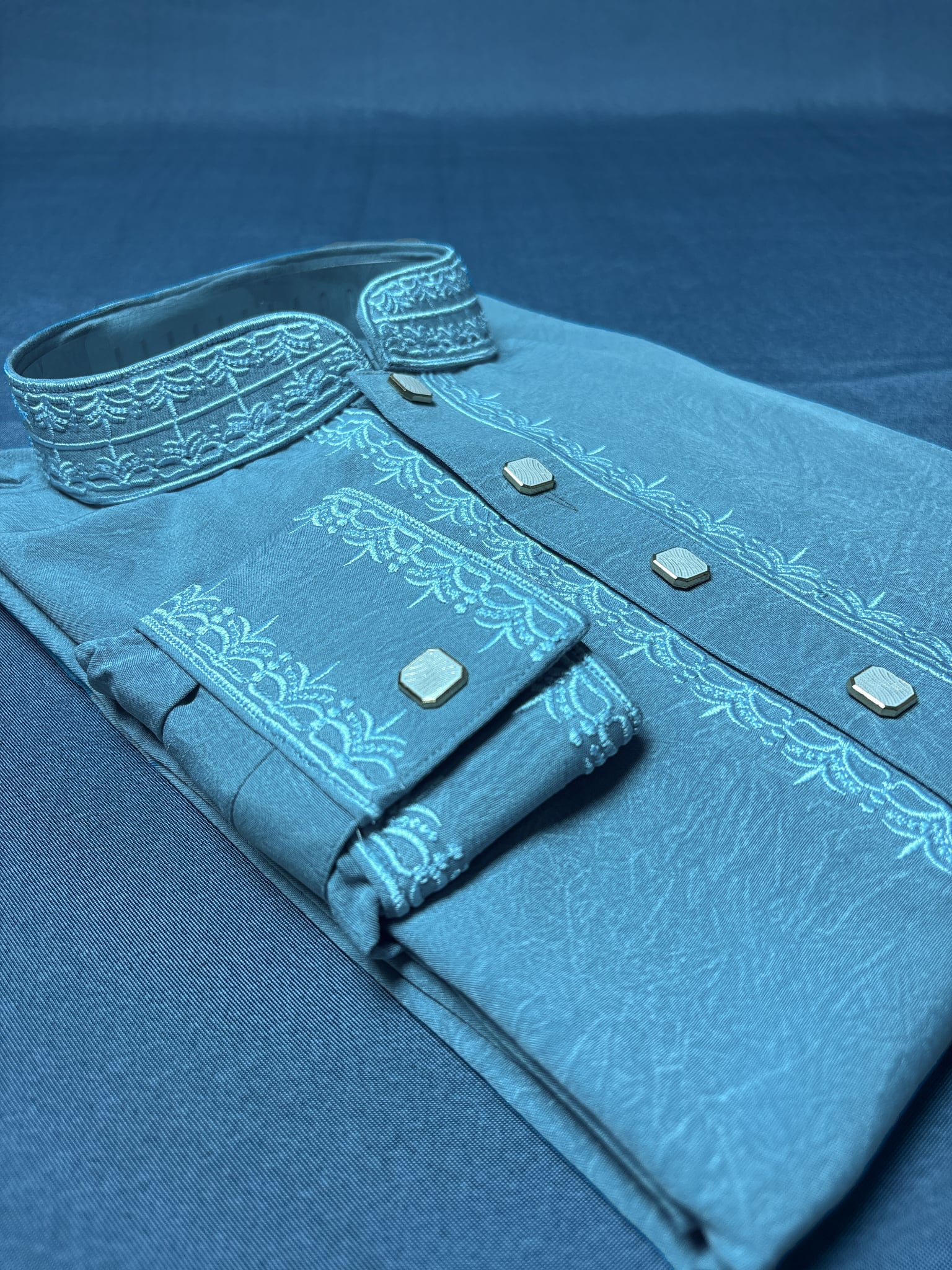 Elegant Mint Blue China Vangchur Stice Fabric Panjabi